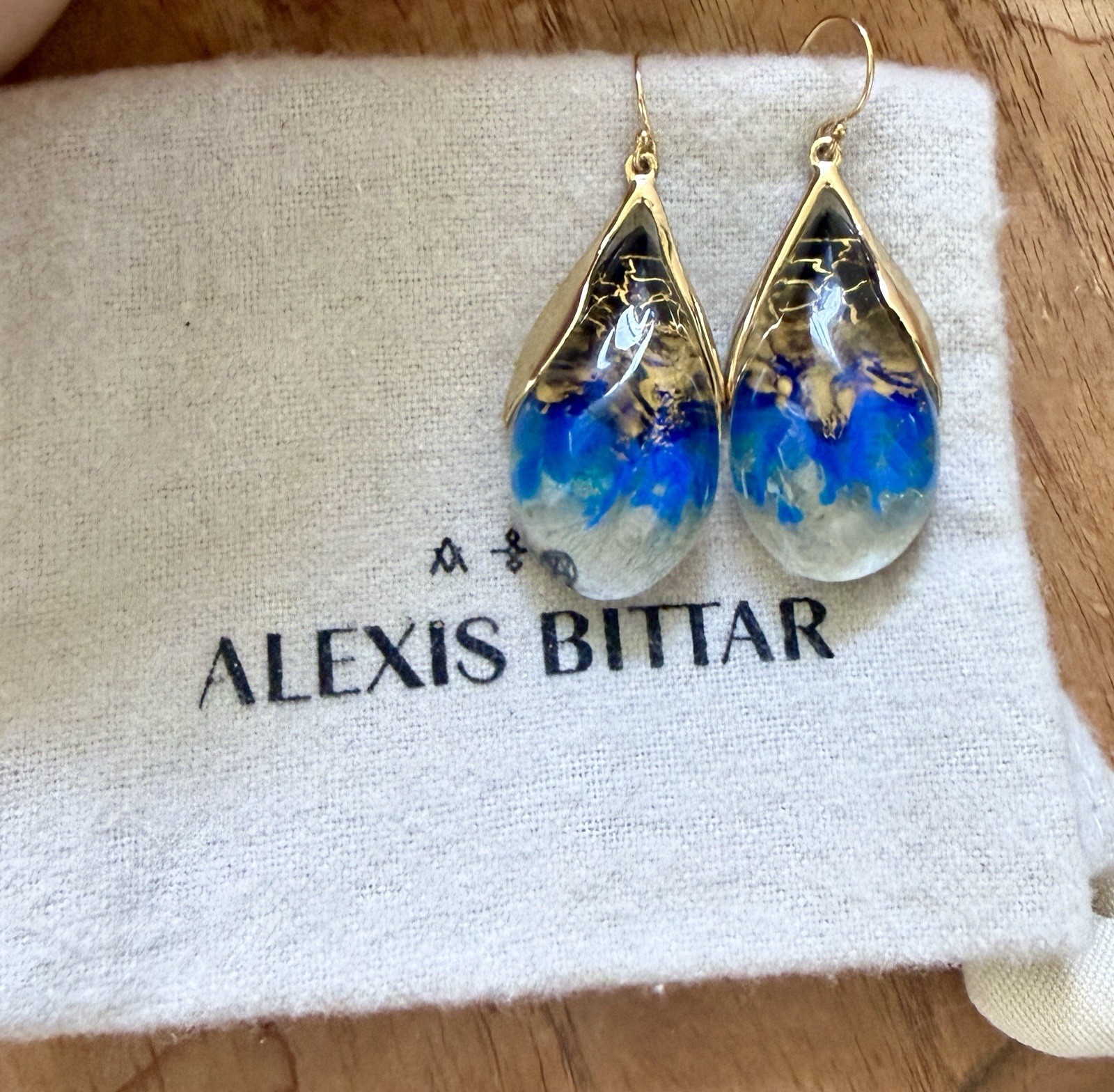100% Authentic Alexis Bittar Clear, Gold, Black & Blue Lucite Earrings
