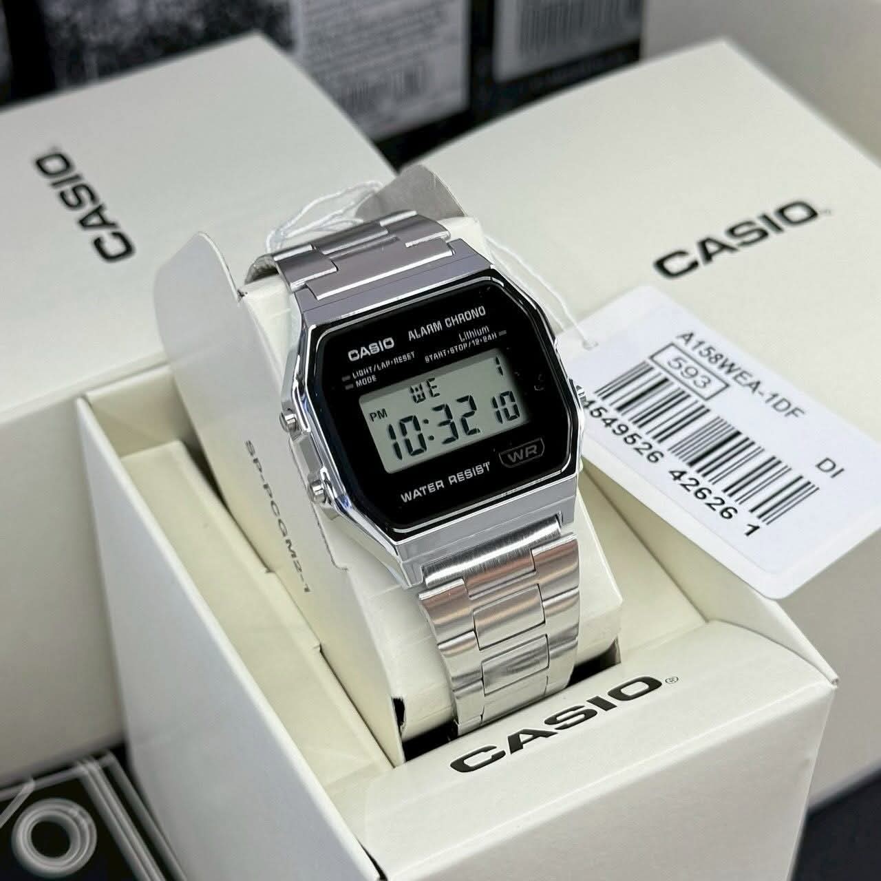 Casio A158WEA-1DF Black Digital Watch Stainless Steel Retro Alarm Chrono WR