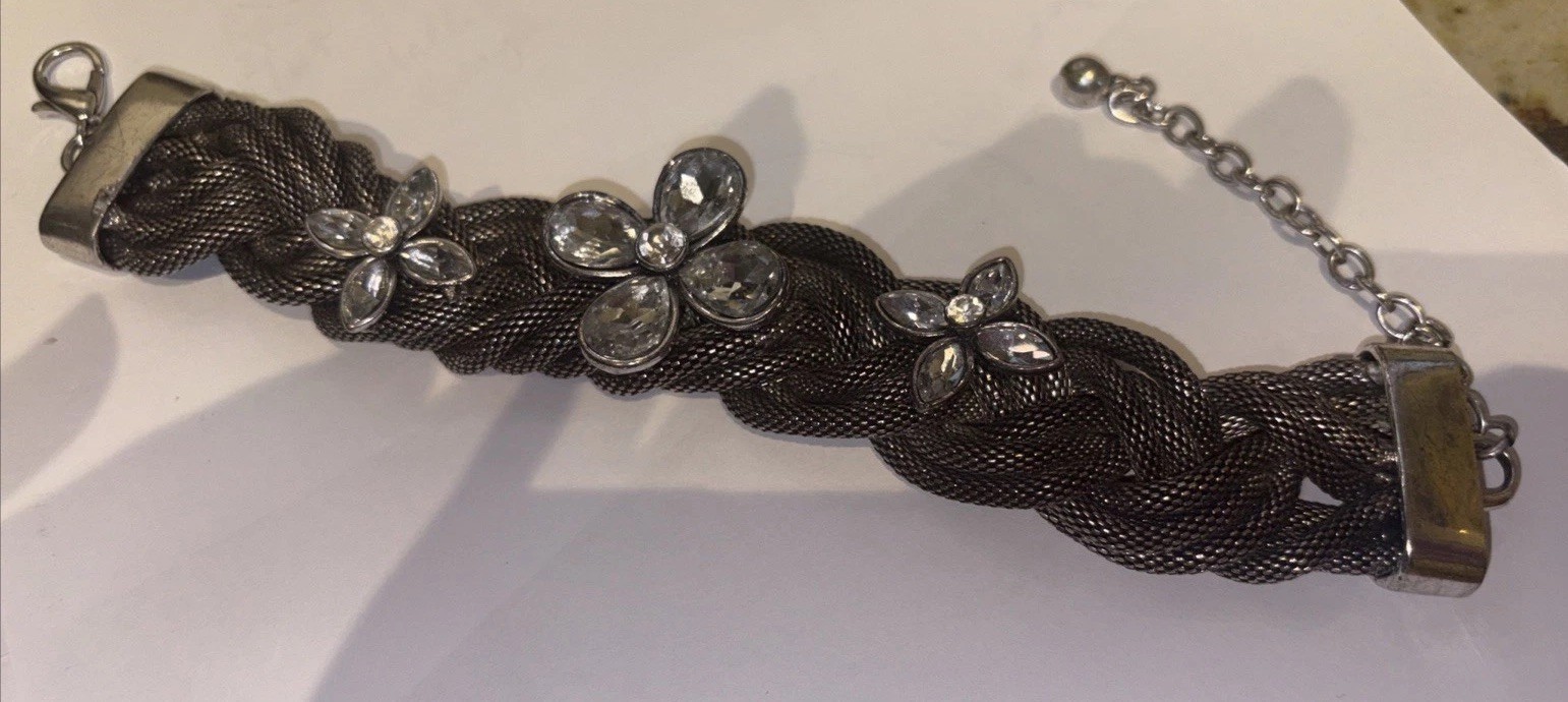 Rare Wide Vintage J. Crew Silver tone Knotted Mesh Crystal Rhinestone Bracelet