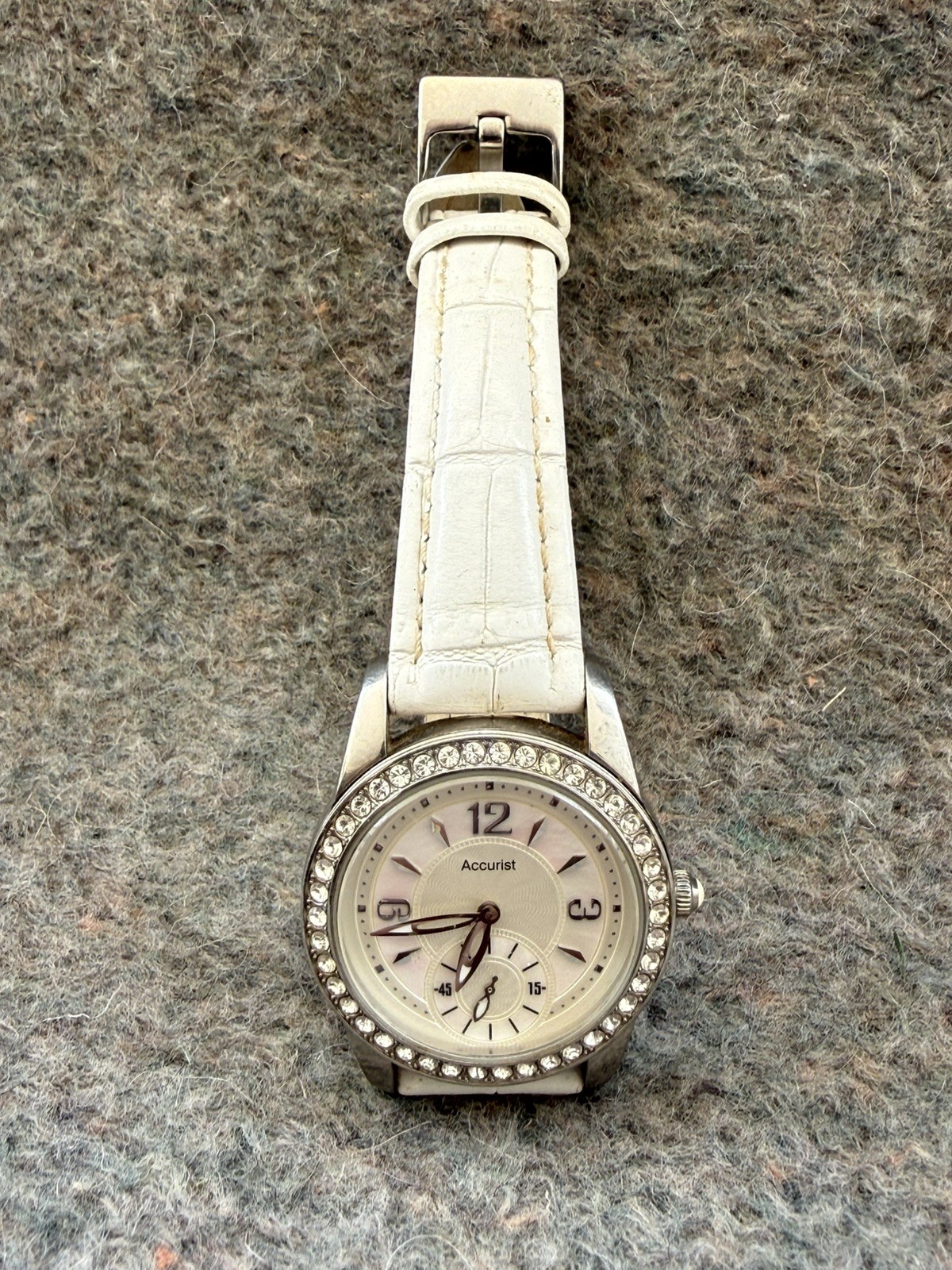 Accurist Ladies Quartz Watch – Mother of Pearl Dial,Crystal Bezel,White Leather