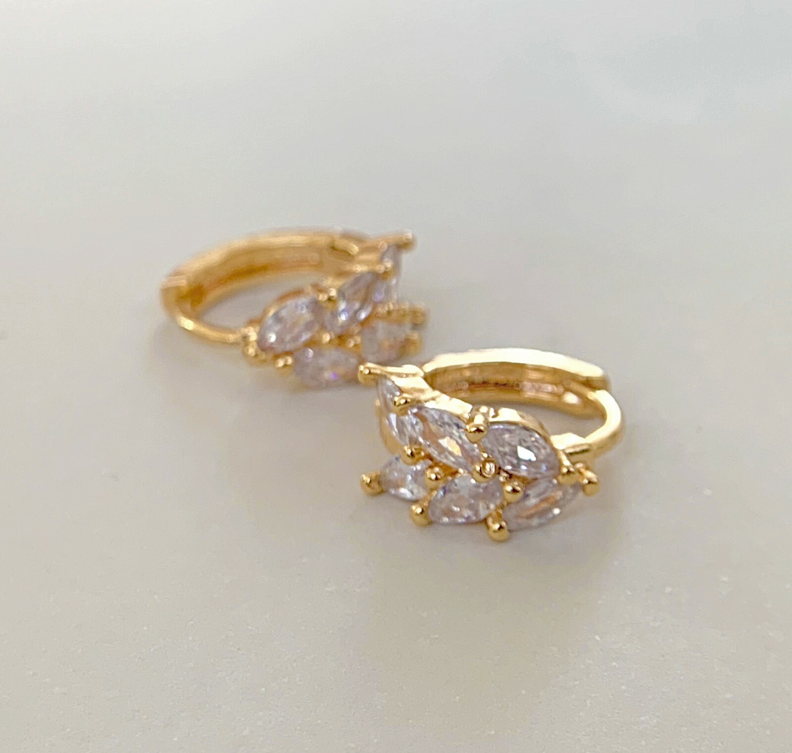 gold huggie earrings 18k gold filled, marquis cz stone