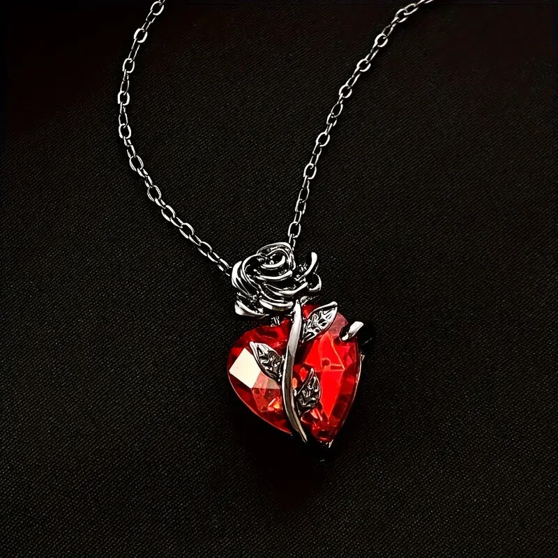 Rose Flower Pendent Necklace Gift Fashion Red Heart Shape Gemstone Jewelry Gift