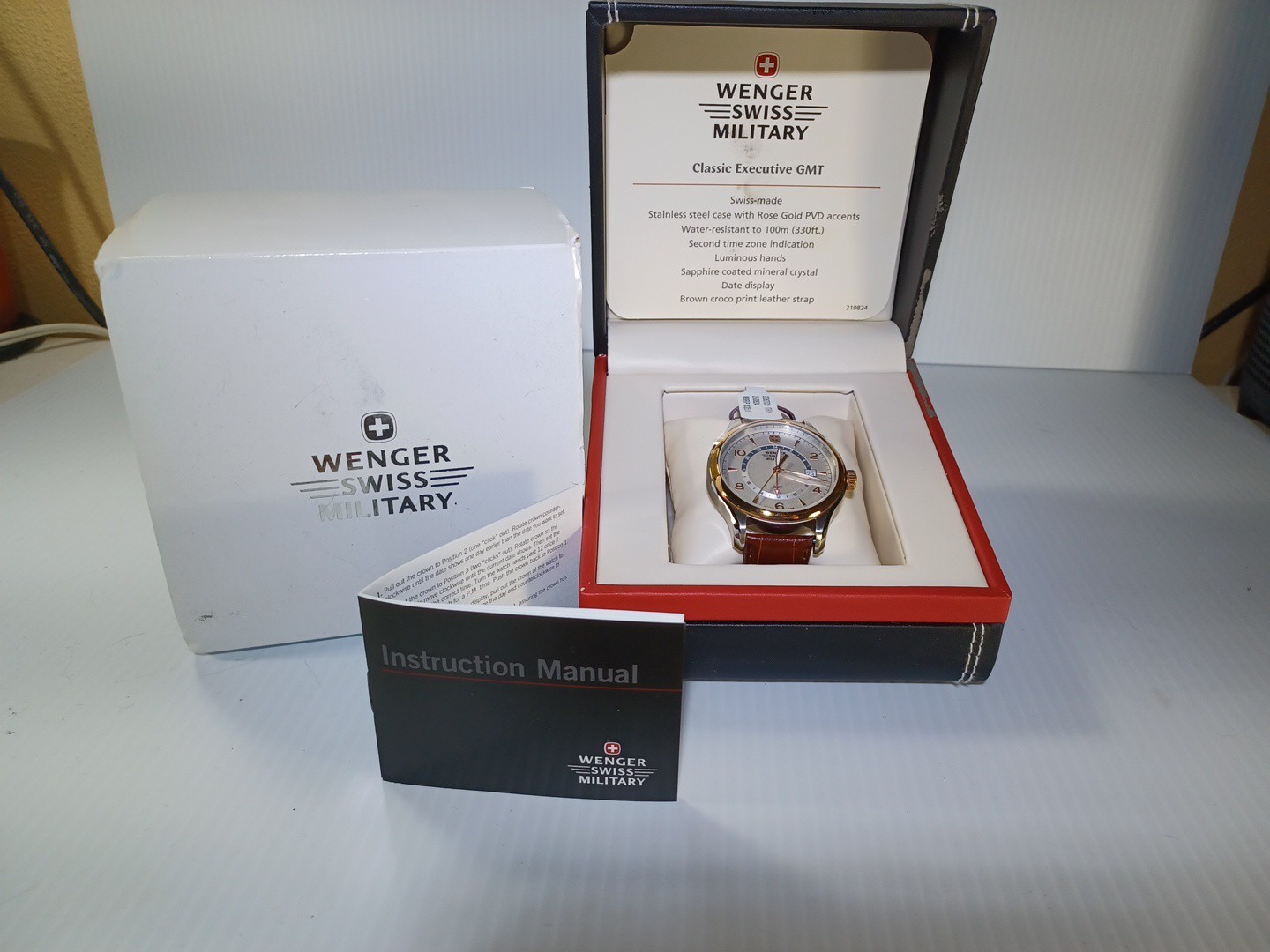 Wenger Swiss Military Classic Executive GMT Watch Rose Gold Brown Leather 100m