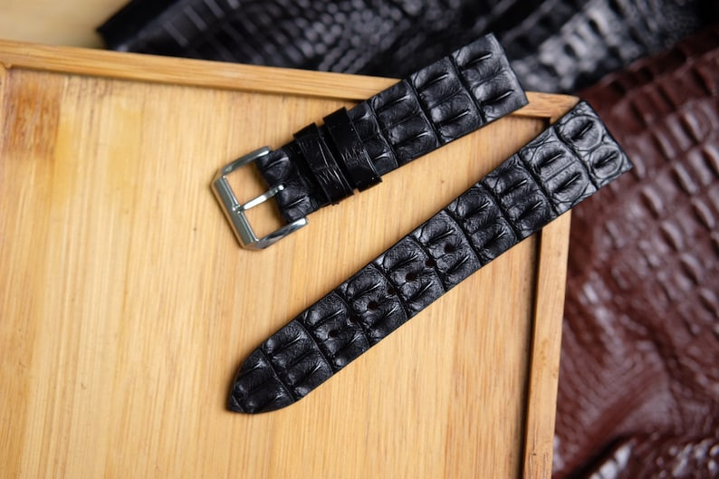 Black Leather Hornback Watch Strap Silver Buckle Custom Watch Band Handmade