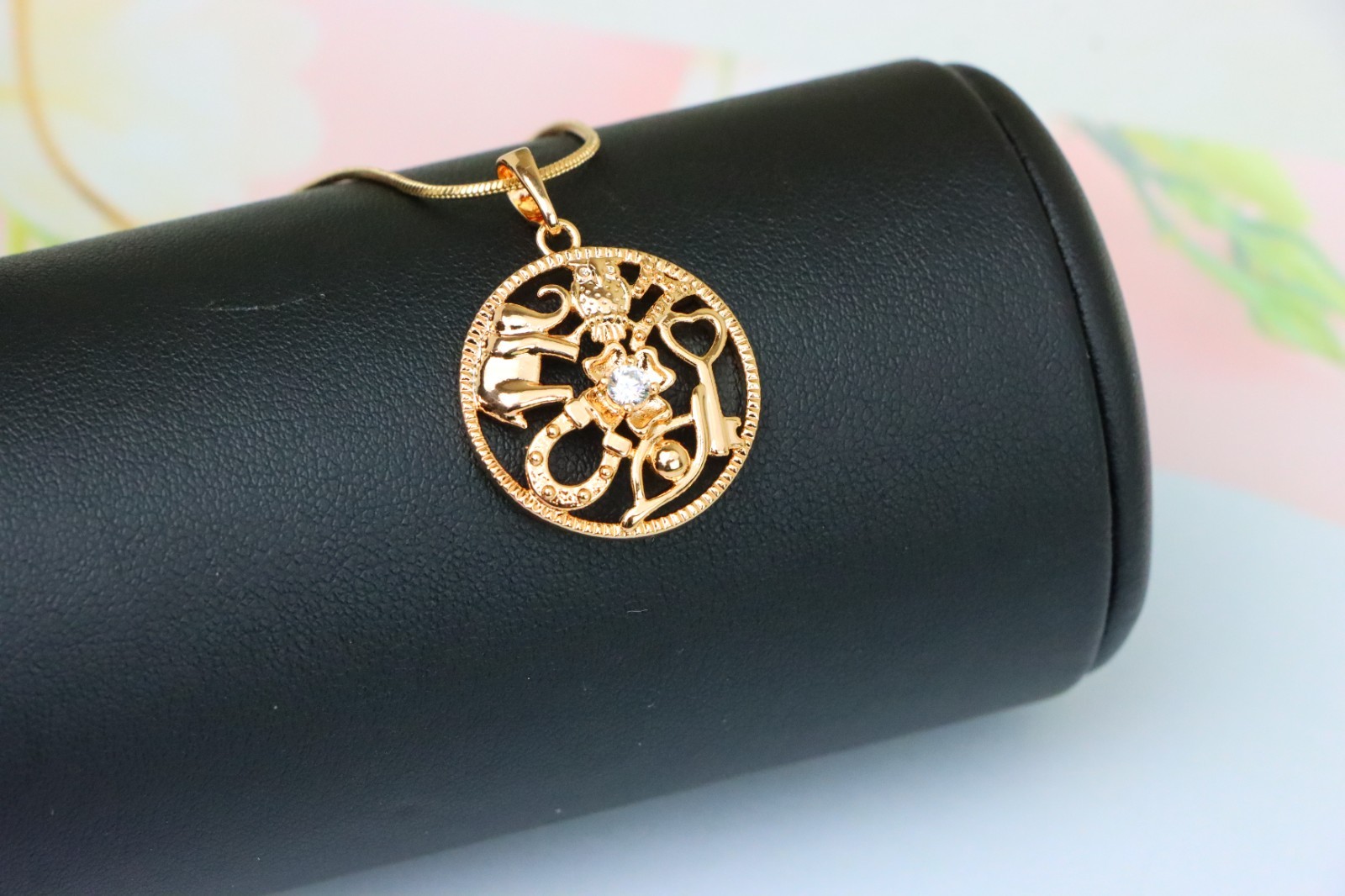Round Rose Gold Pendant with Religious Motifs and Center Stone, XPPT1442