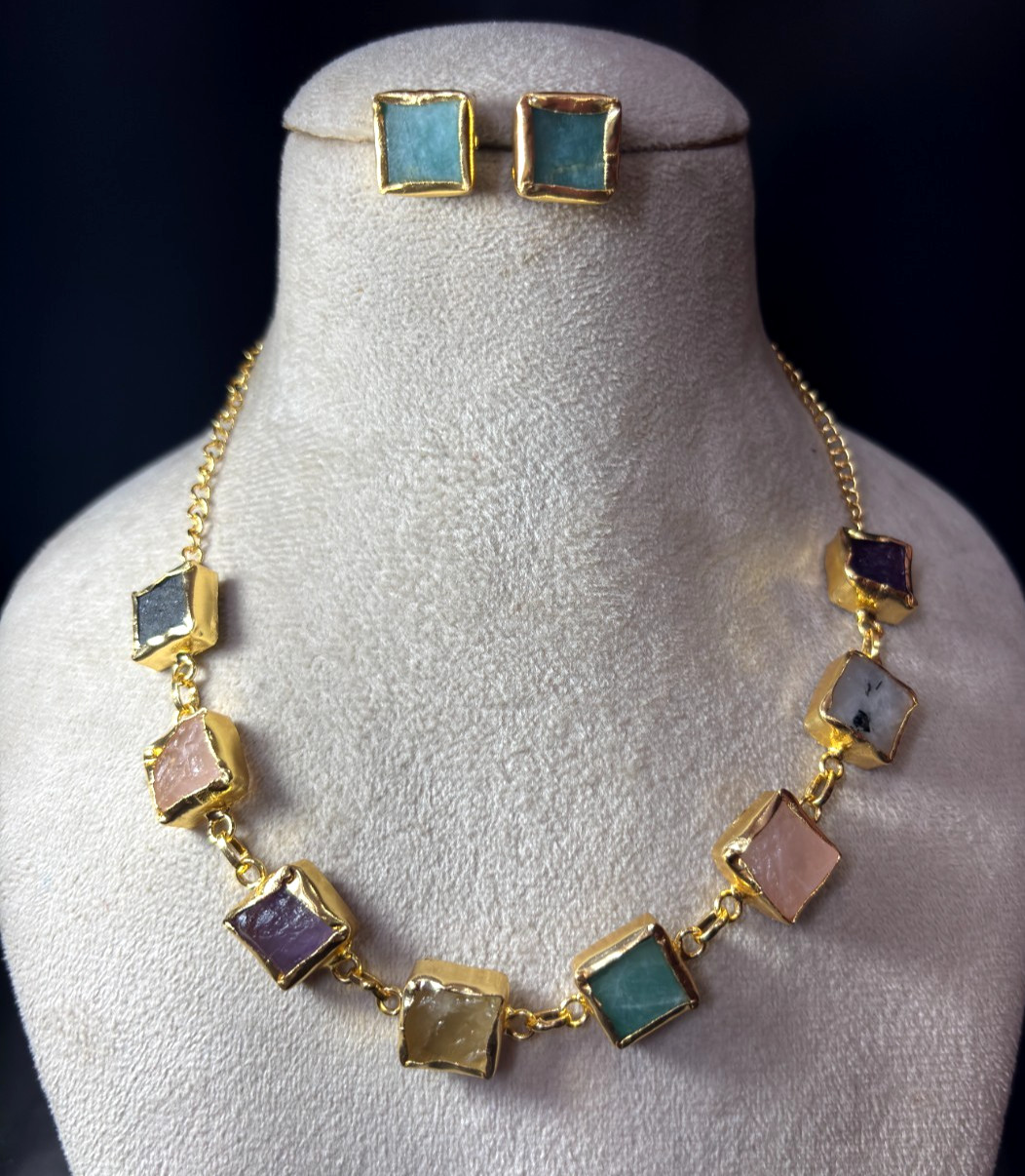 Natural Raw Stone Neckalce With Stud Square Shap Gift For Her.