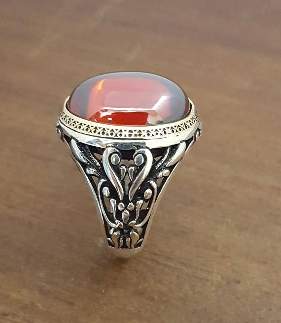 Solid 925 Sterling Silver Natural Red Garnet Gemstone Signet Men’s Unisex Ring