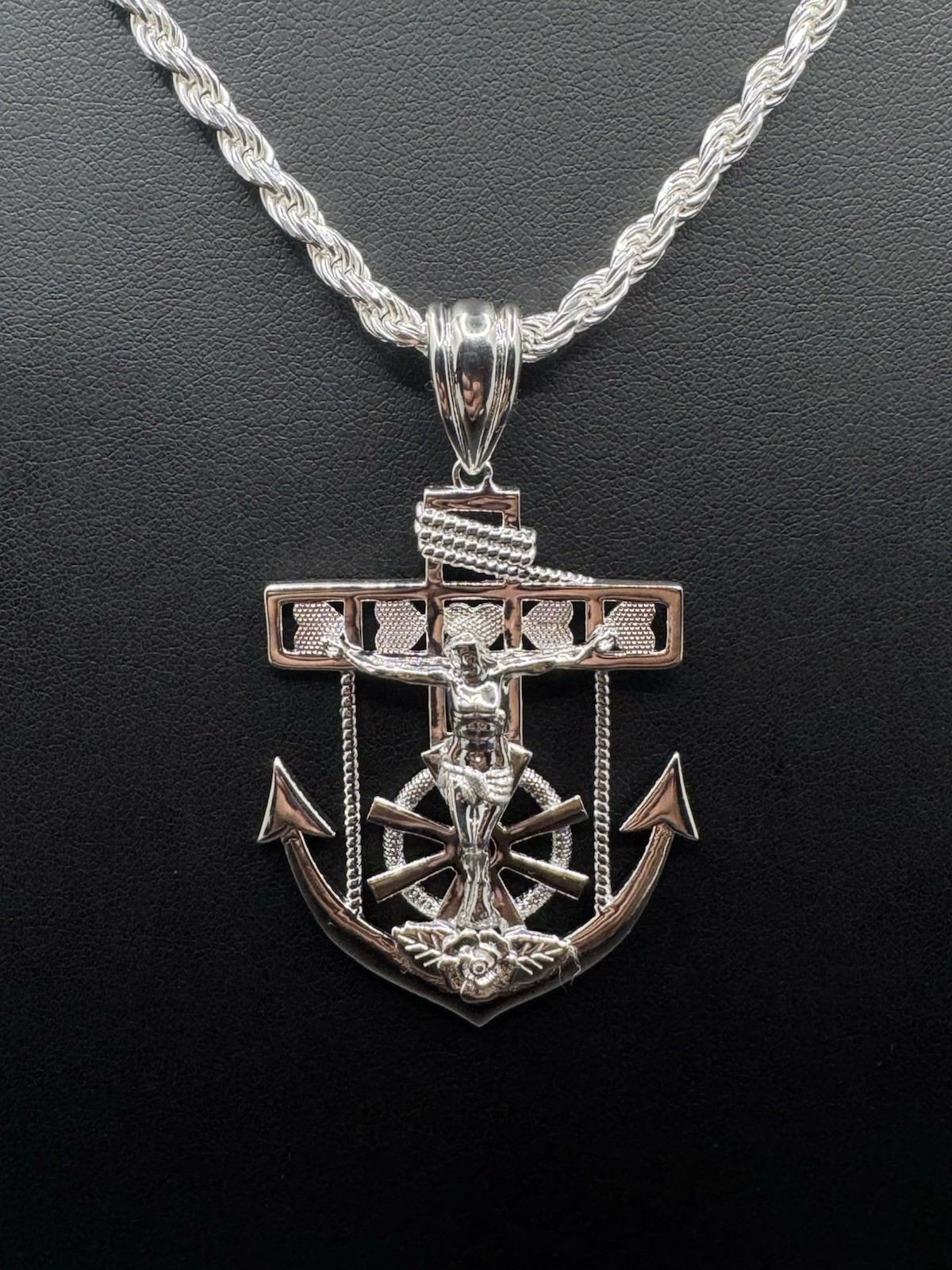 Large 925 Sterling Silver Mariner Crucifix Anchor Cross Pendant – Diamond Cut