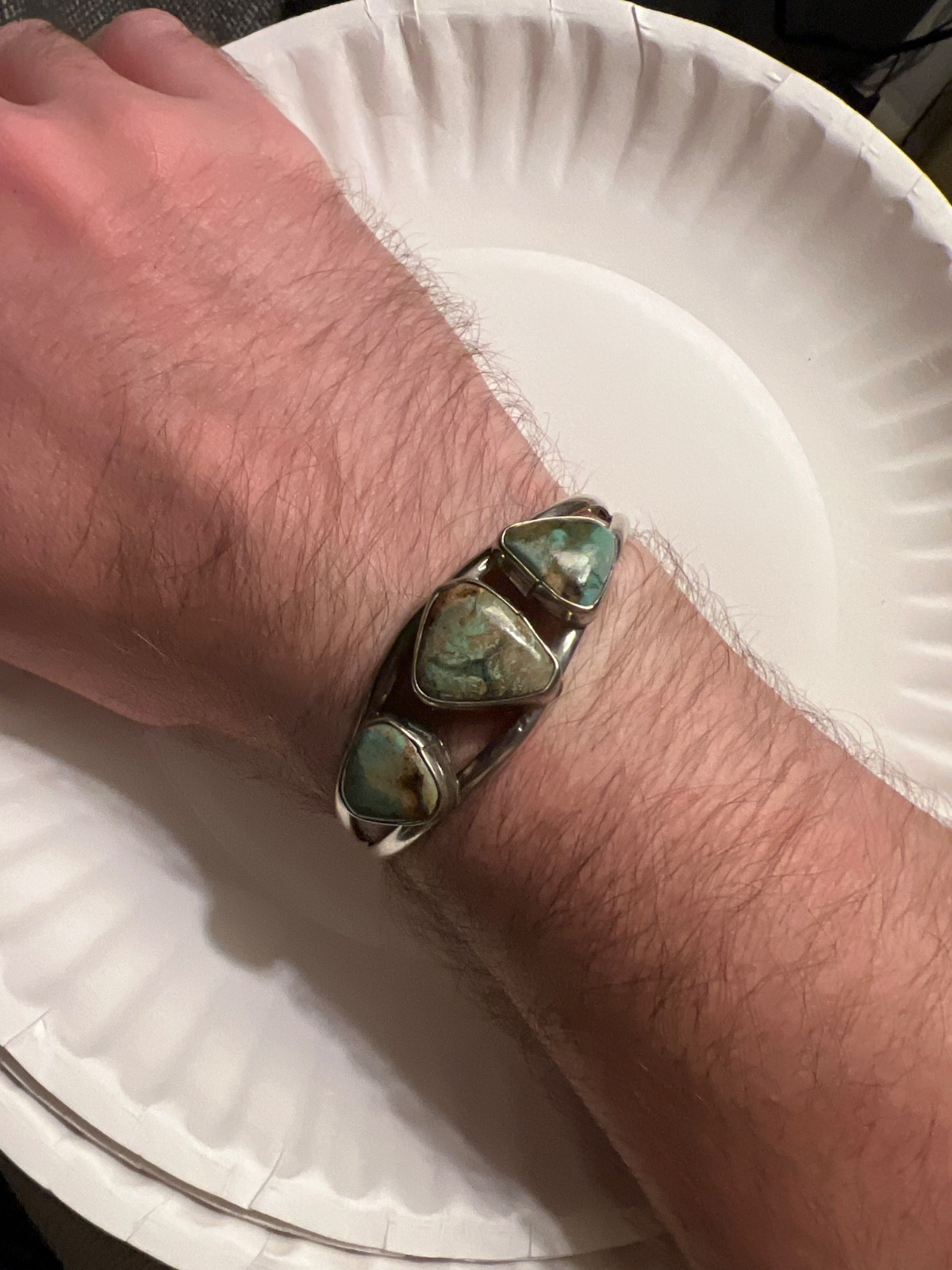 Real 3 Stone Turquoise, SW Alpaca Turquoise Cuff Adult- Medium Bracelet