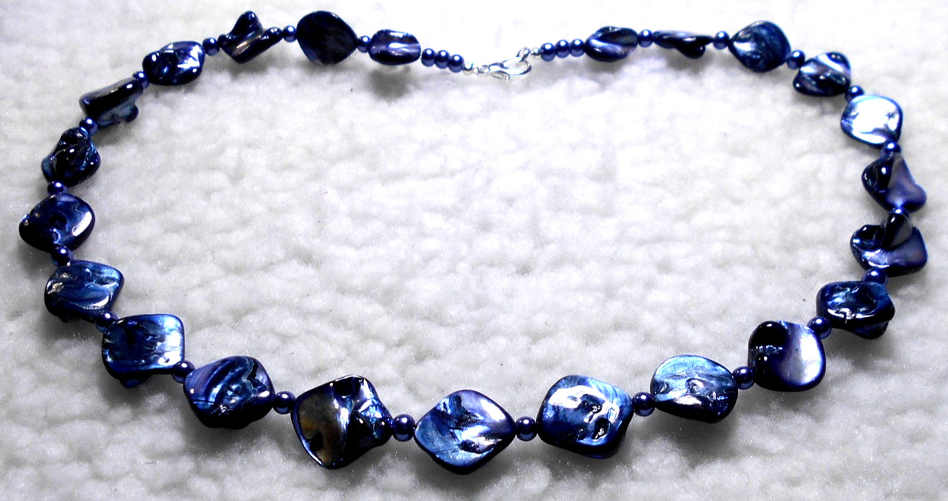 Blue Shell pieces, Blue Glass Pearls, 51cm, 20″, Necklace. Handmade. (1B1)