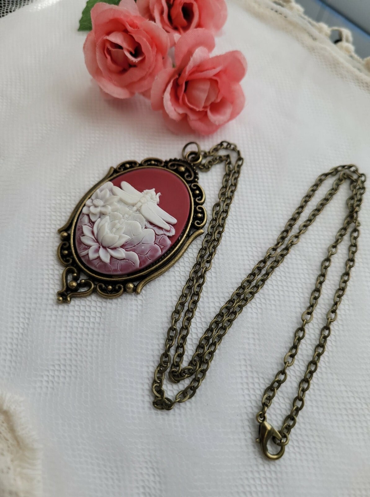 Red White Dragonfly Cameo Anniversary Birthday Daughter Sister Bronze Necklace