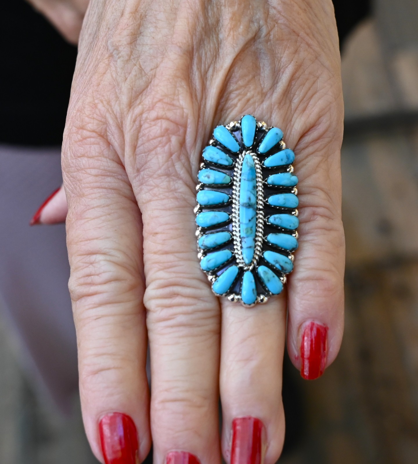 New Long Navajo 6 1/4 Ring by Davin Benally Sterling & Blue Turquoise 9.5 grams