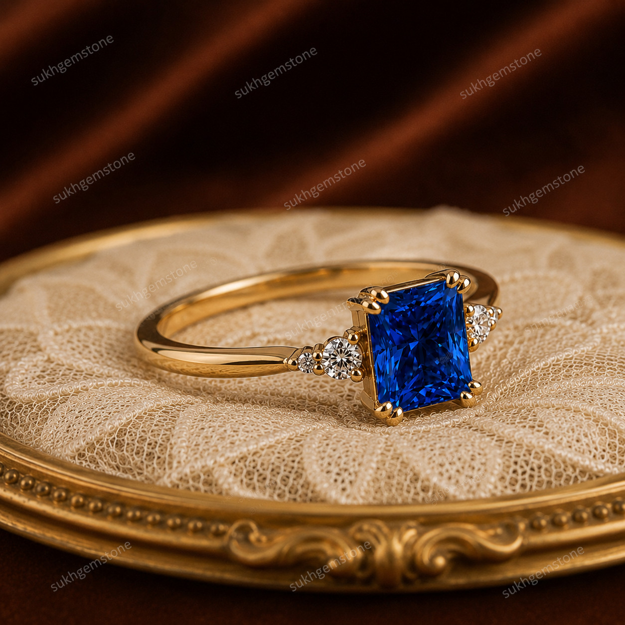 Lab Created Blue tanzanite Ring, Base Metal: Brass Finish: Gold Plated
