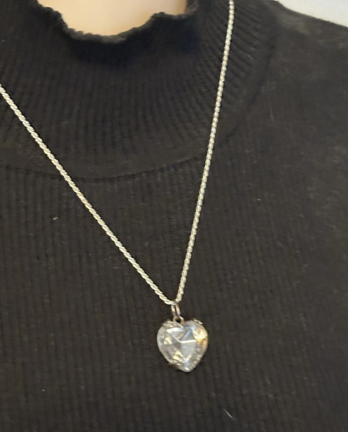 1970s Vintage Silver Tone Heart Crystal Pendant Necklace, Signed TONIC