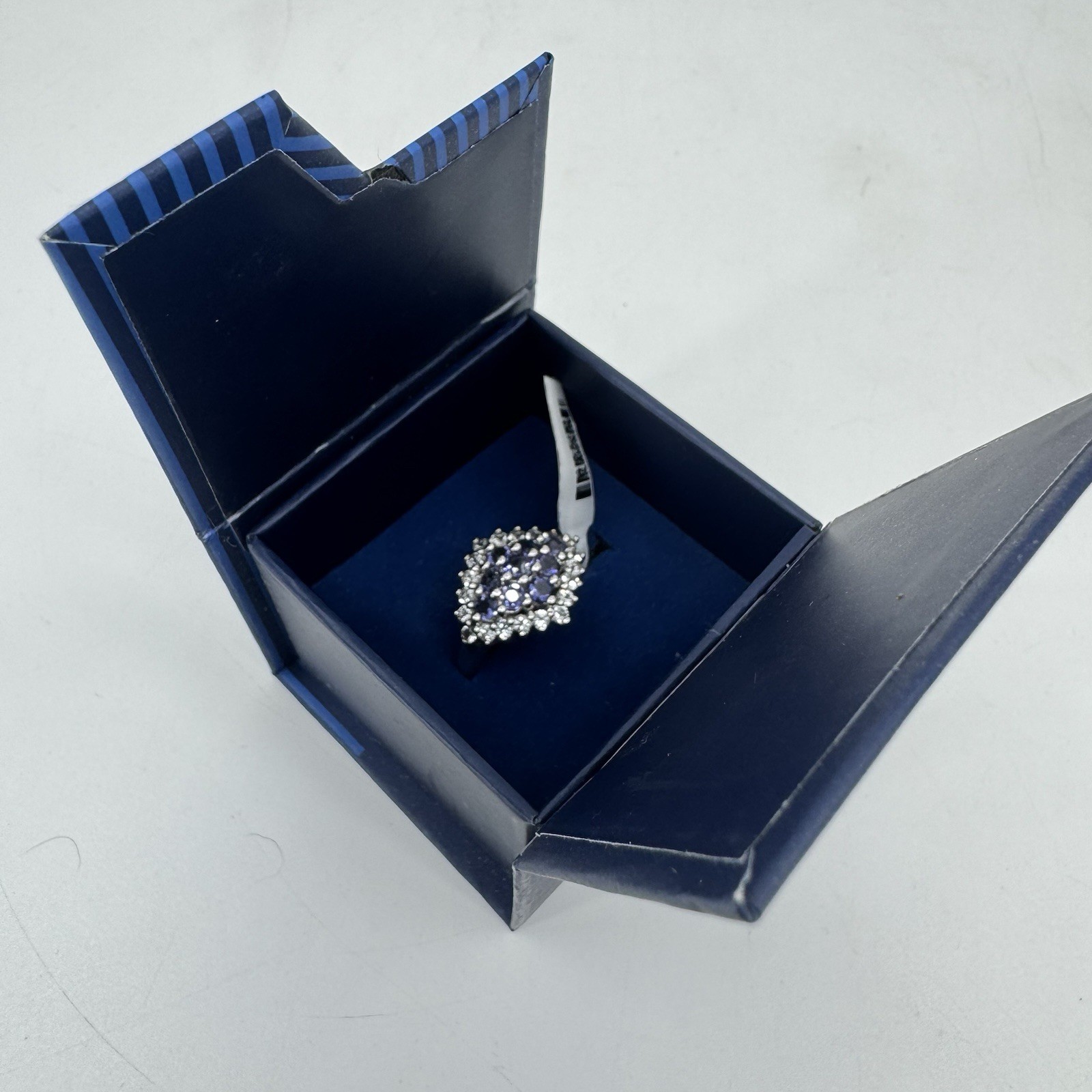 Sterling Silver 1.1ctw Iolite & 0.84tcw White Topaz Cluster Ring NOS W/ Box Sz 8
