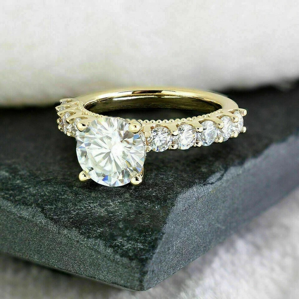 14K Yellow Finish Diamond 2.50Ct Round lab created Engagement Women’s Ring