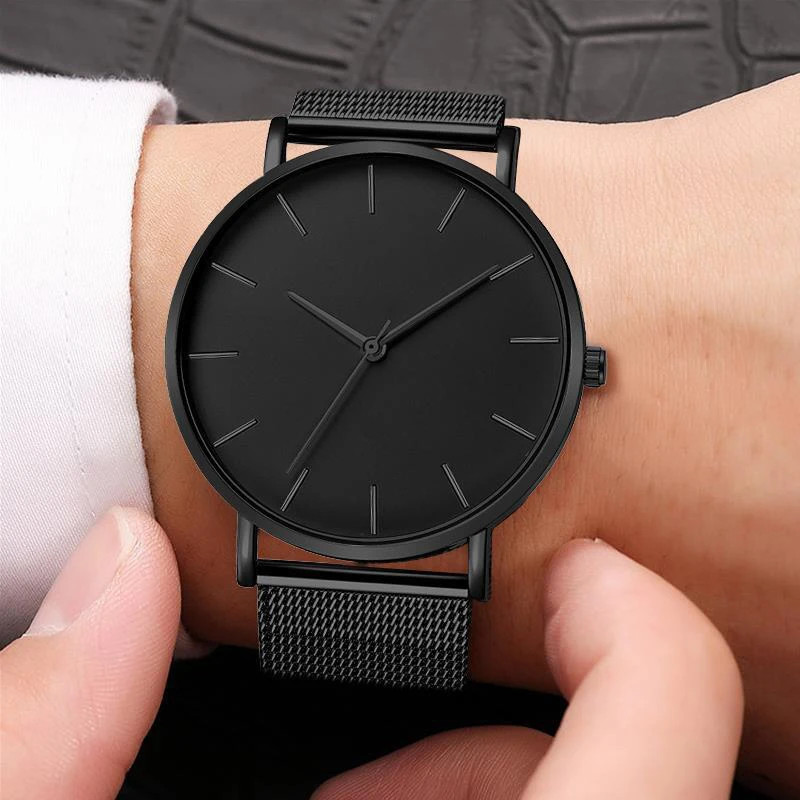 Men’s Minimalist Ultra Thin Quartz Watch with Stainless Steel Mesh Band