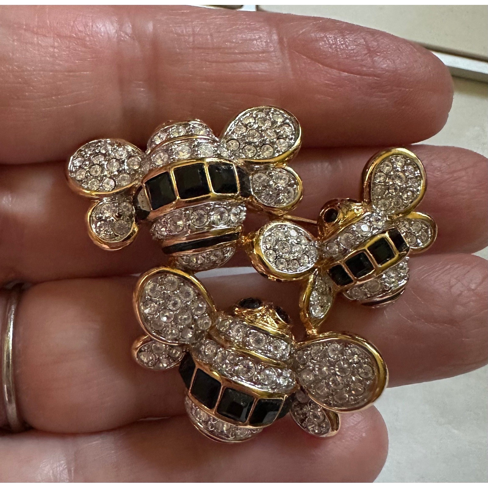 Swarovski Triple BumbleBee Pin Gold Tone Black & Clear Crystal