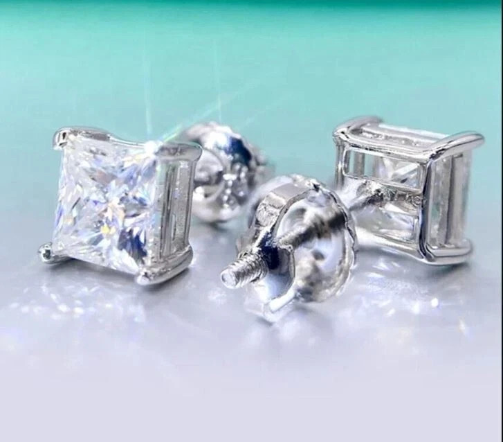 2.50Ct Princess Cut Real Moissanite Women’s Stud Earrings 14K White Gold Plated