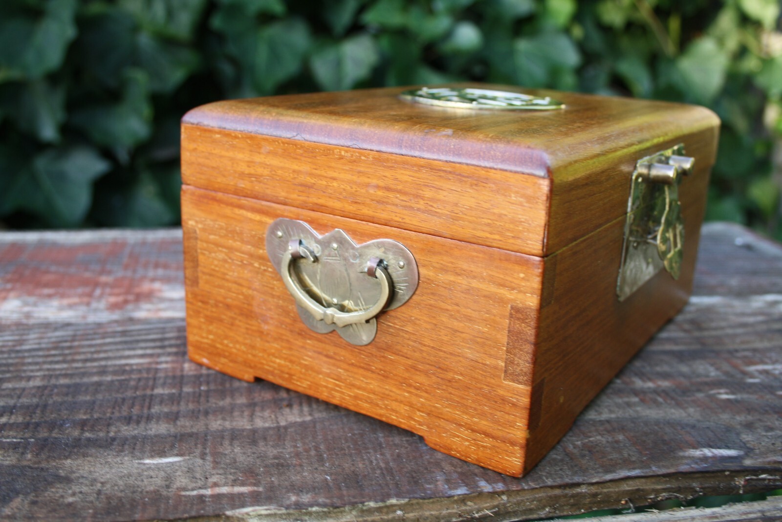 Vintage Chinese Wood & Brass Jewelry Box with Gold Silk Lining Dovetailed