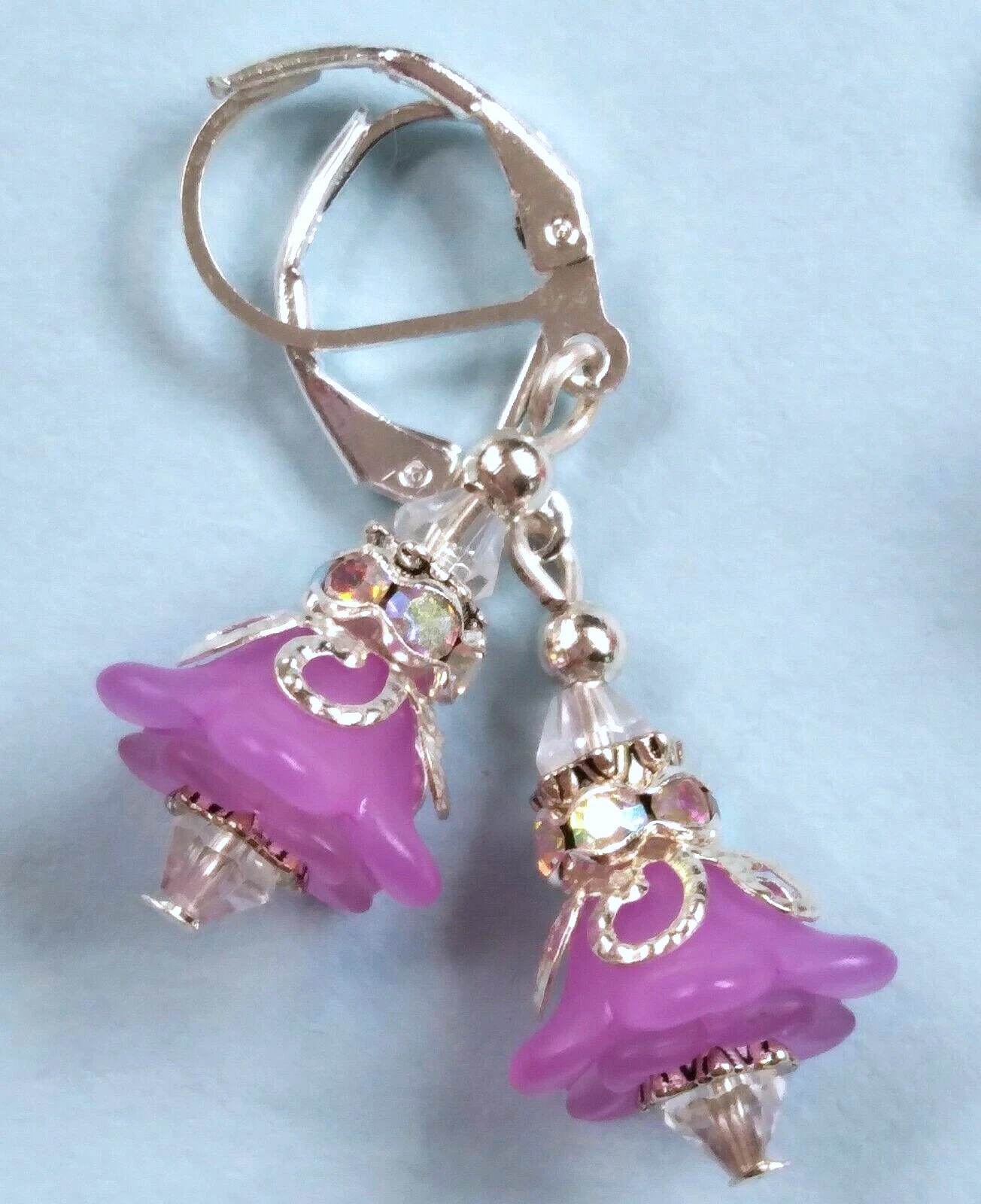 LAVENDER CLEAR acrylic FLOWER AB CRYSTAL ring earring SP LEVER BACK XX
