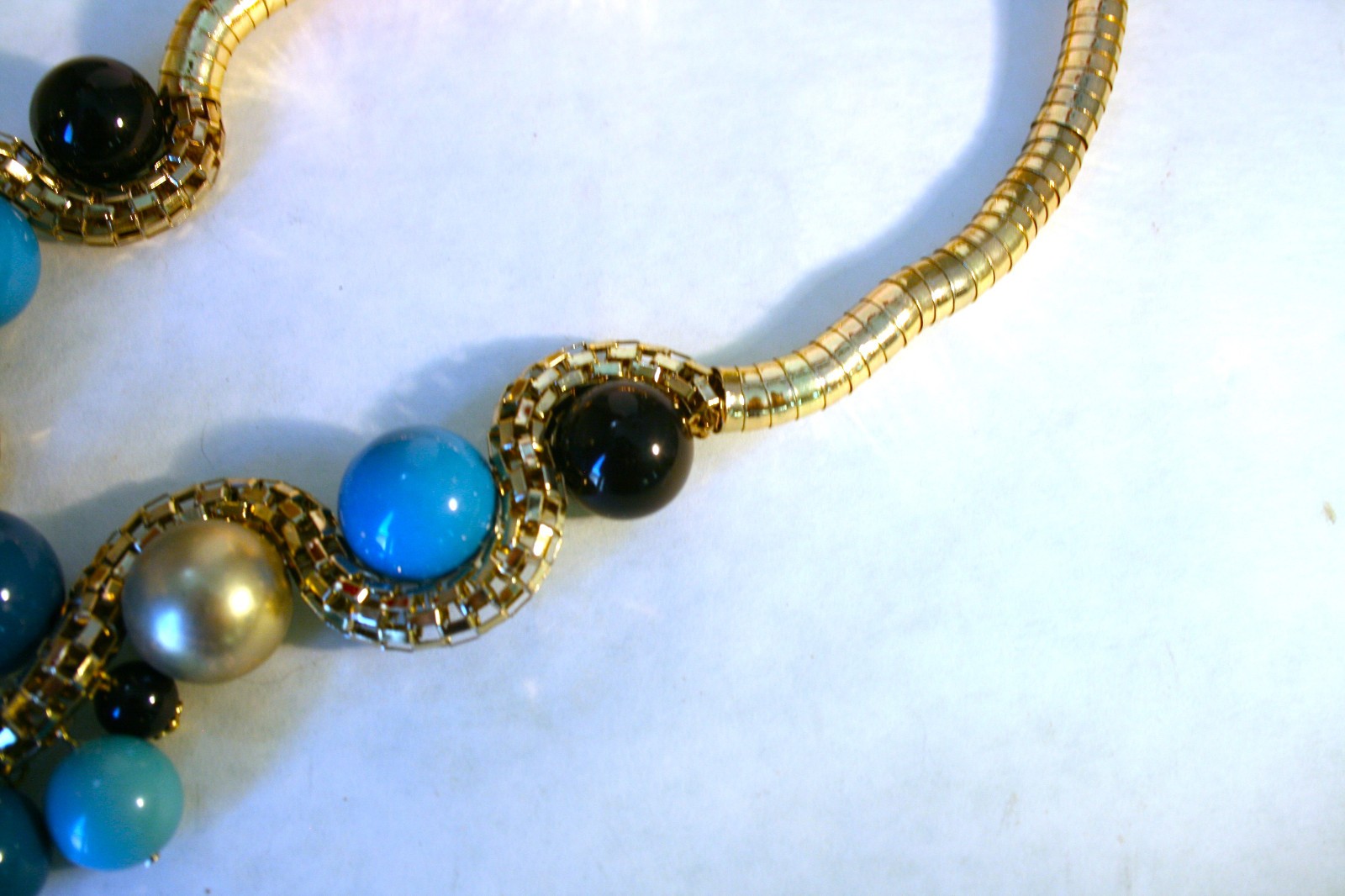 Gold tone large blue, black, gold beads statement necklace 18″ + 2″ & earrings