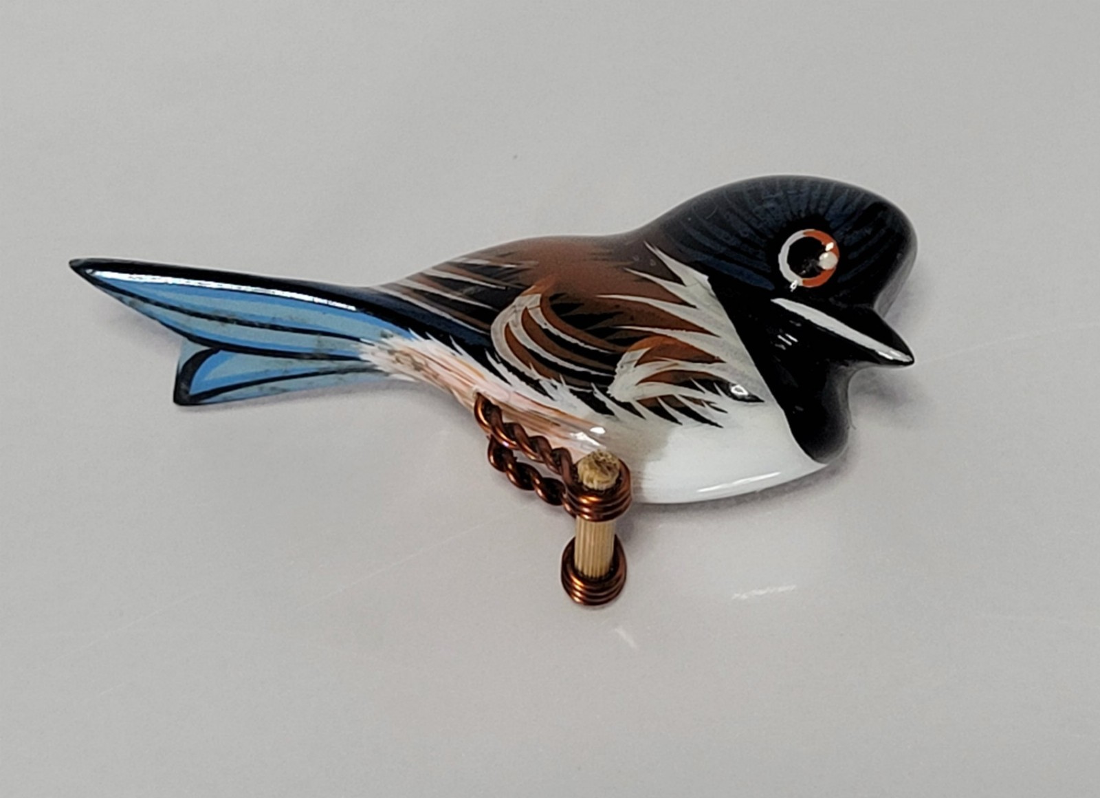 Takahashi Style Bird Brooch painted wood black white brown blue vintage