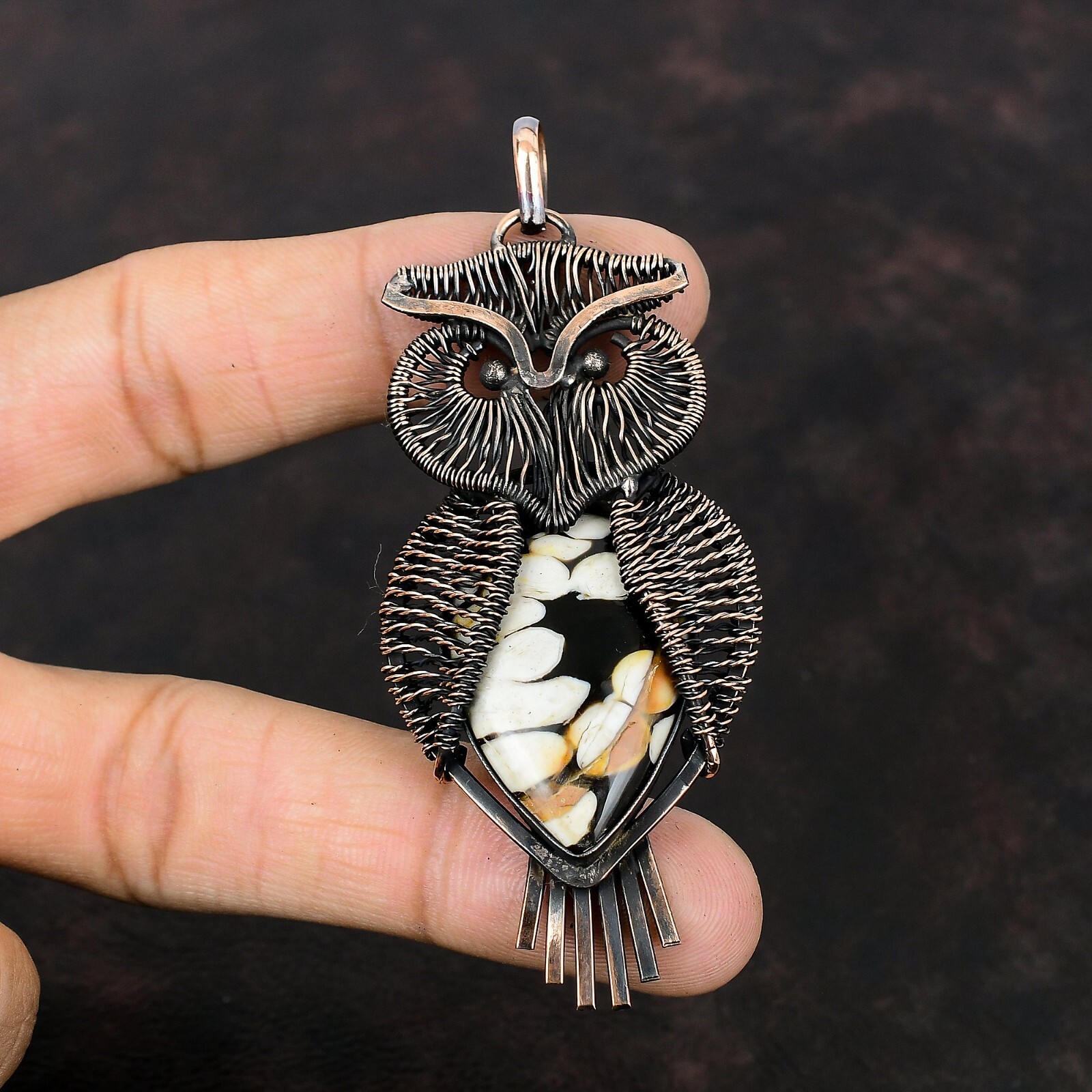 Gift For Her Peanut Wood Jasper Wire Wrapped Owl Pendant Copper Jewelry 3.39″