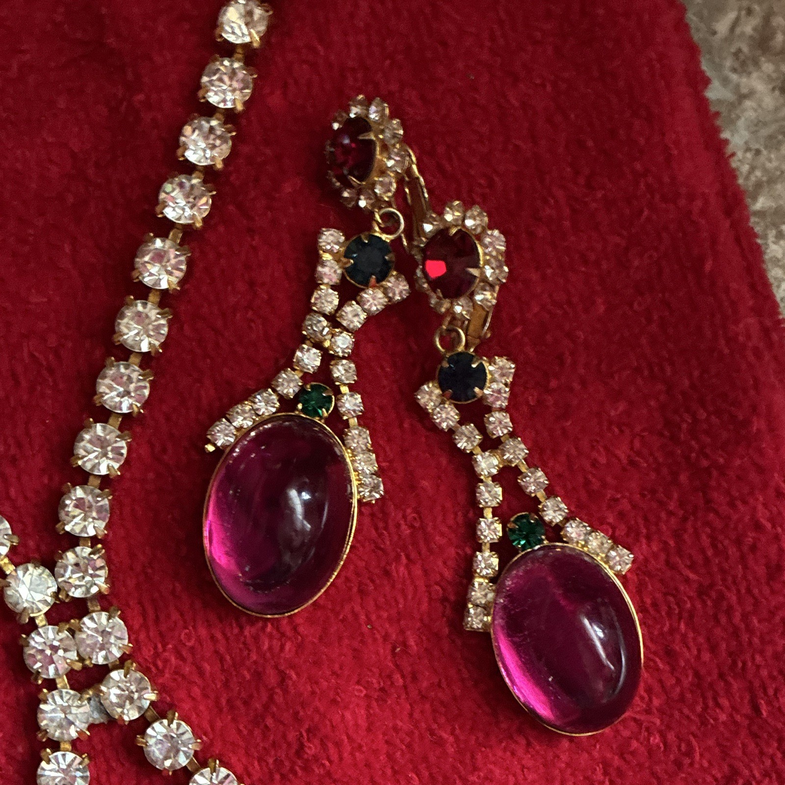 Lucite Red Purple Blue, Vintage 1950s Necklace & Drop Earrings Multicolor set