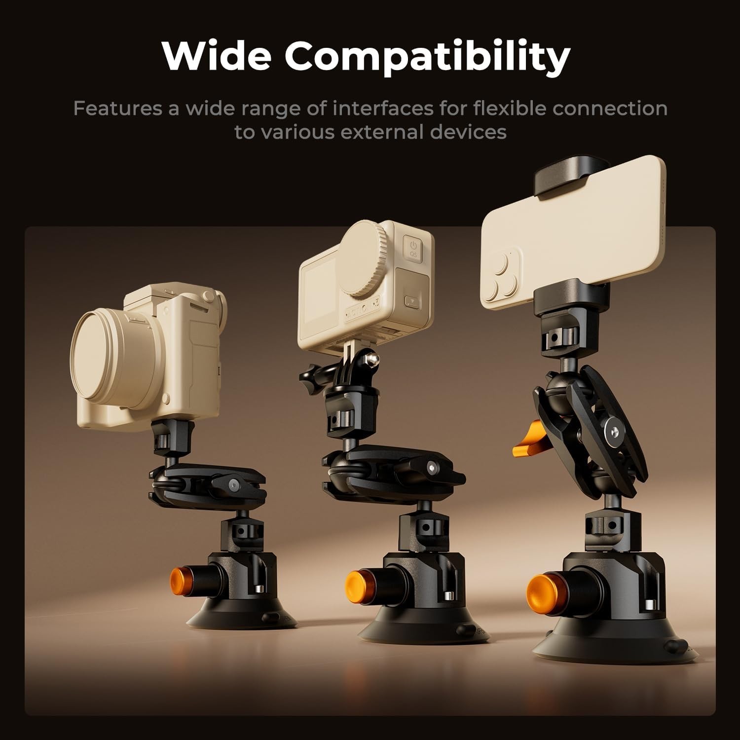 Triple Suction Cup Car Mount for Camera, Heavy Duty 3-in-1 Kit with 15° Curved