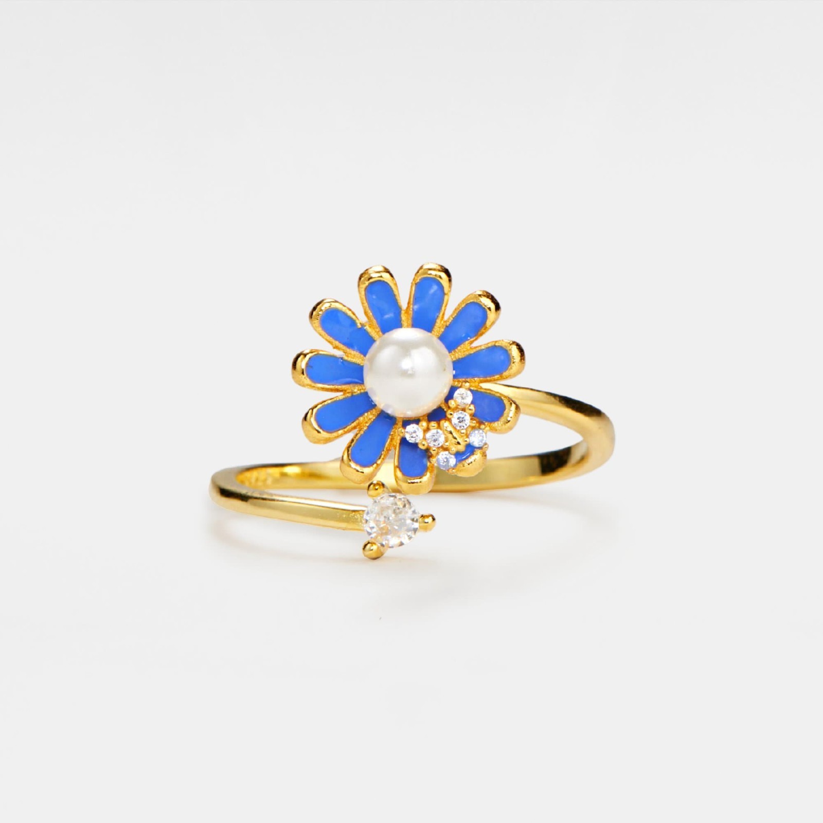 Blue Daisy Pearl Butterfly Flower Fidget Spinner Ring in 925 Sterling Silver