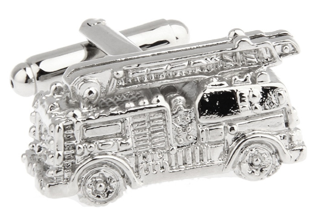 Fire Truck Pair Cufflinks Silver Firefighter Wedding Gift Box & Polishing Cloth