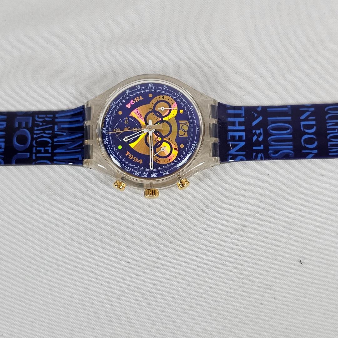 Swatch Ioc 100 Chrono SCZ101 Chronograph Wristwatch Blue Gold Hardware