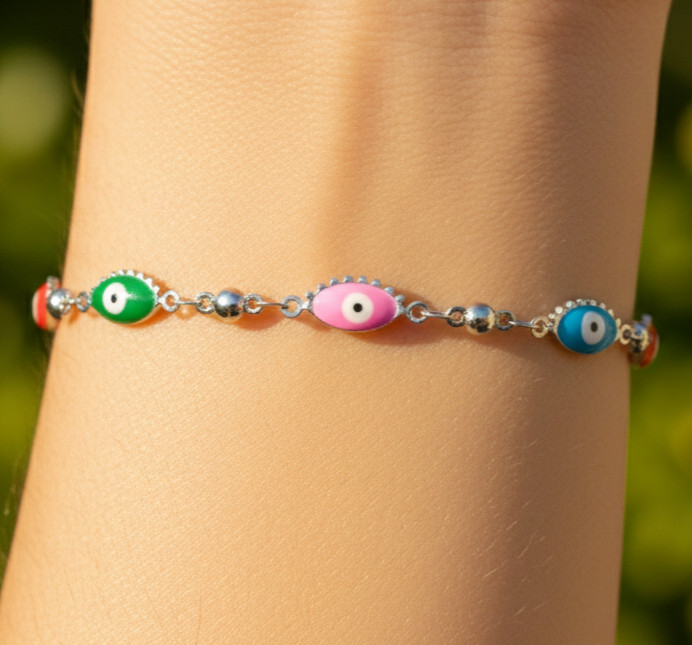 Colorful Evil Eye Charm Bracelet Silver Plated Boho Chain Bracelet for Women