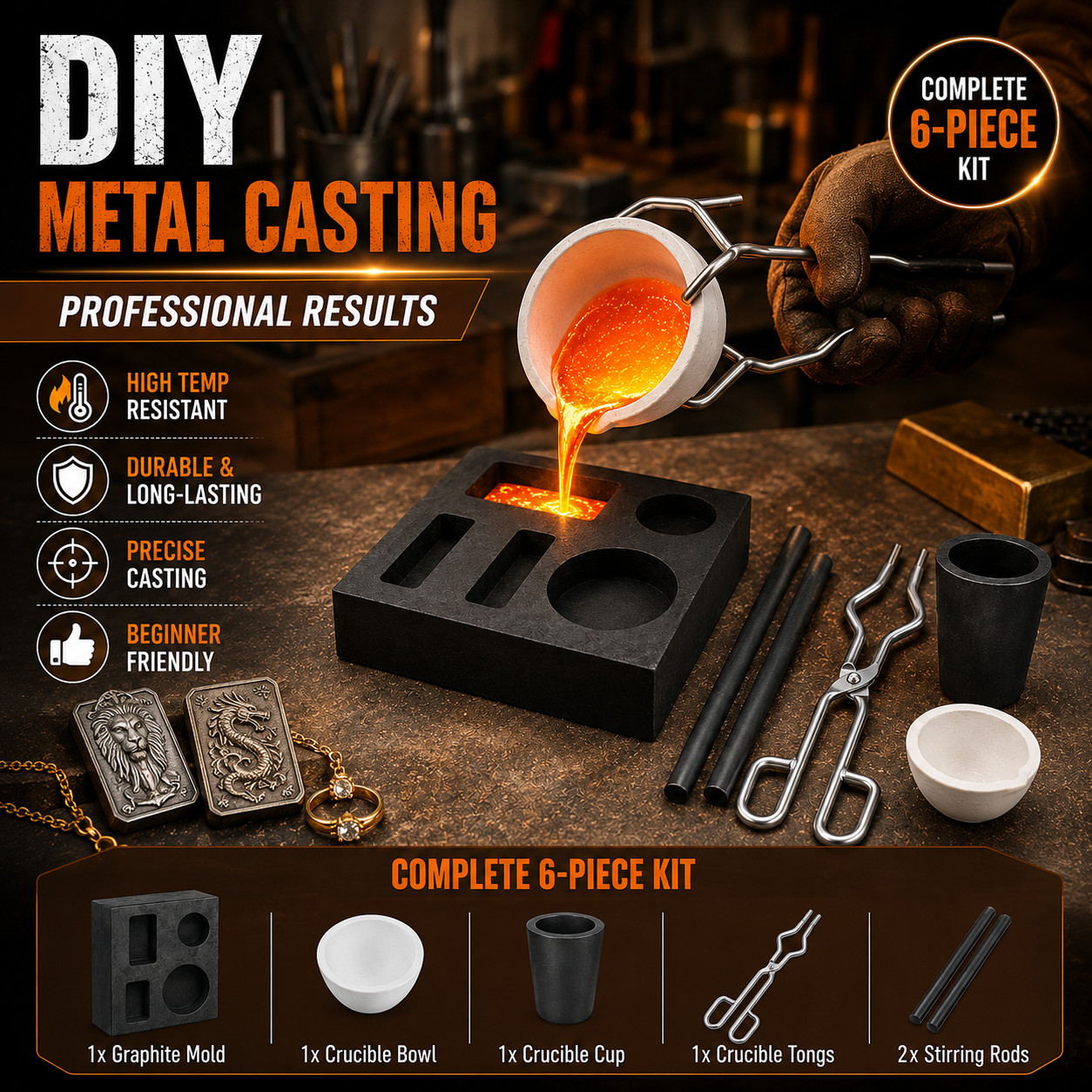 Graphite Casting Refining Kit 6PCS Mold Crucible Set for Gold Silver Copper