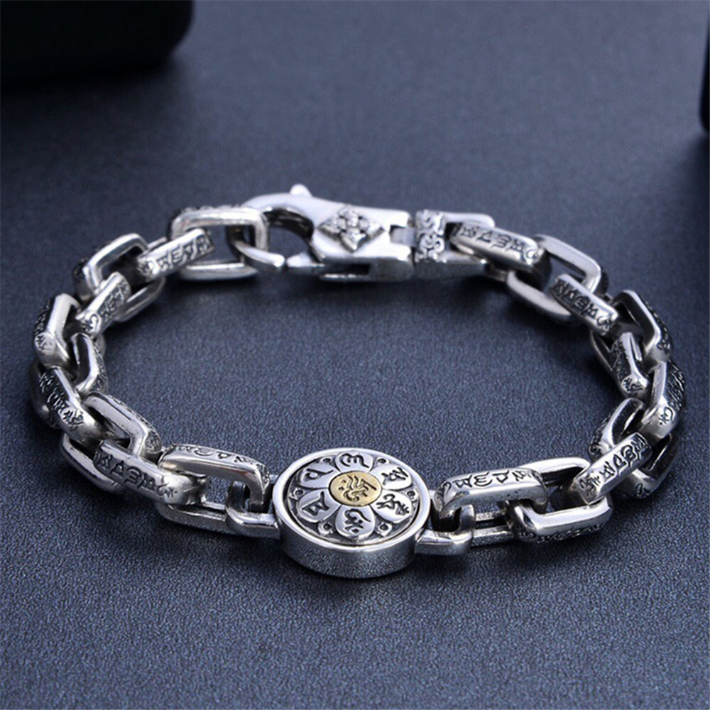 Pure 925 Sterling Silver Chain 8mm Six Words Square Cable Link Bracelet 7-8.7in