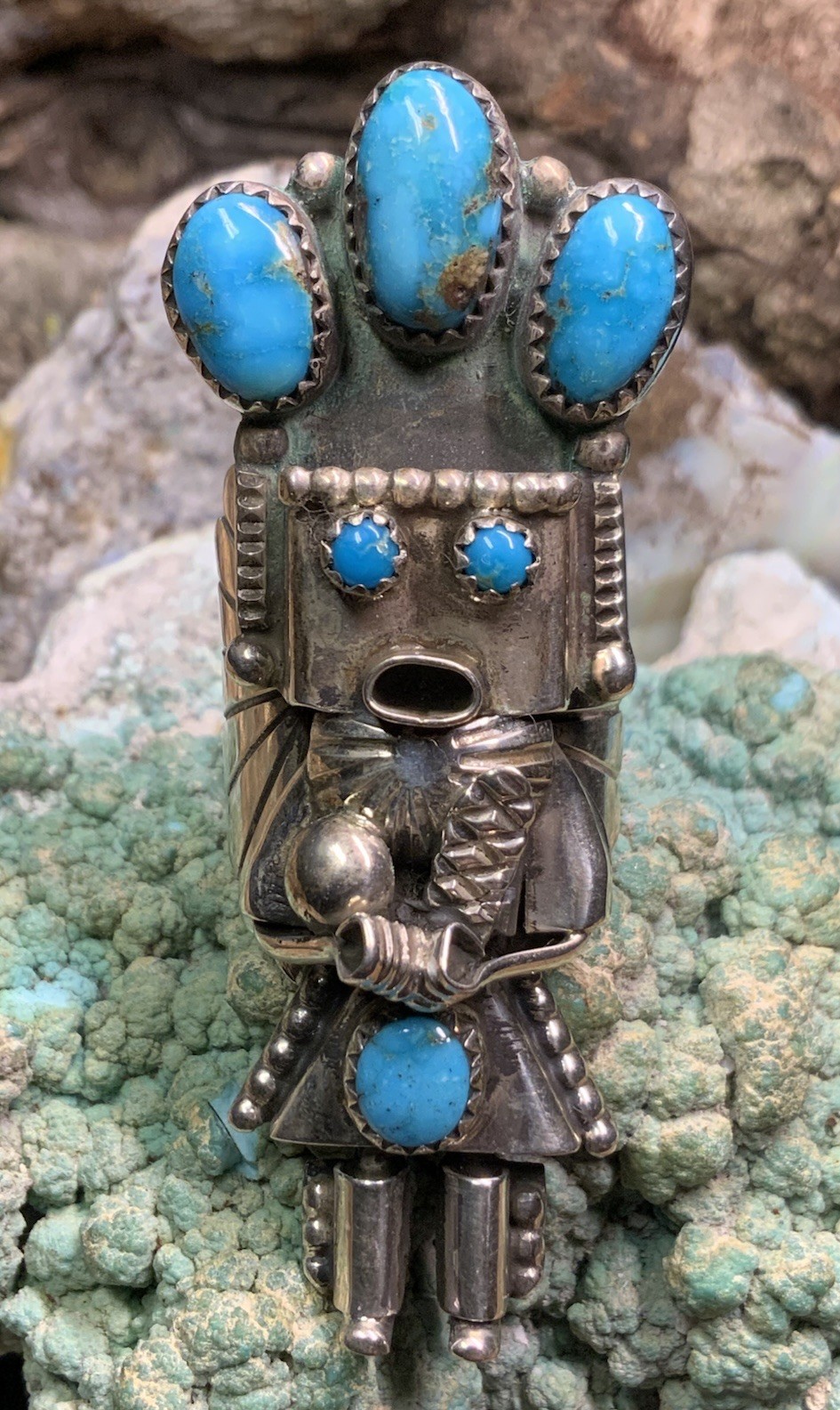 Navajo “Doris Smallcanyon” Sterling Silver & Turquoise Kachina Ring, 16.3g