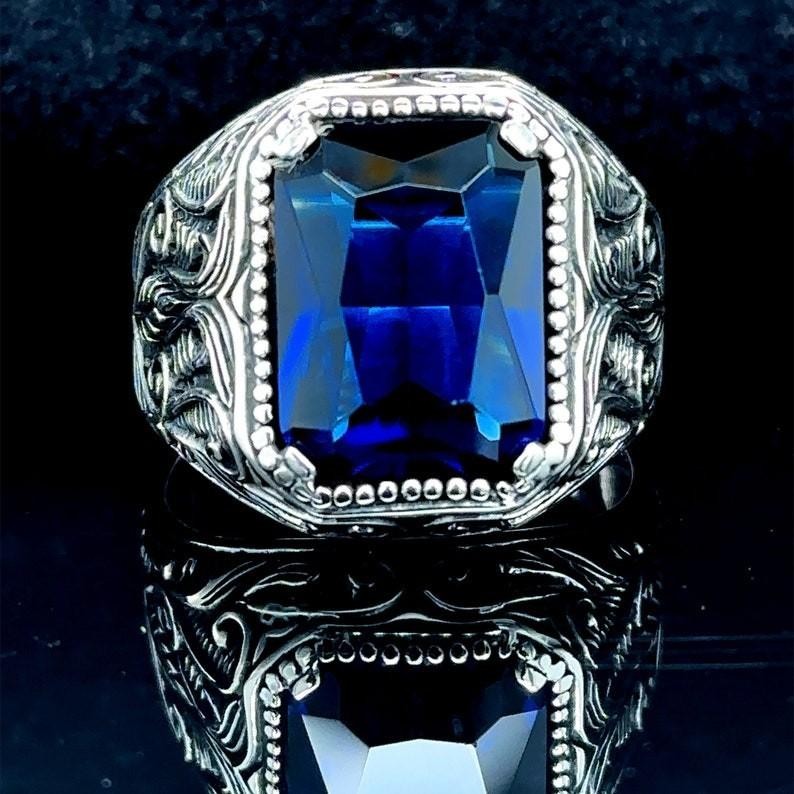 925 Men Silver Handmade Engraved Blue Stone Ring