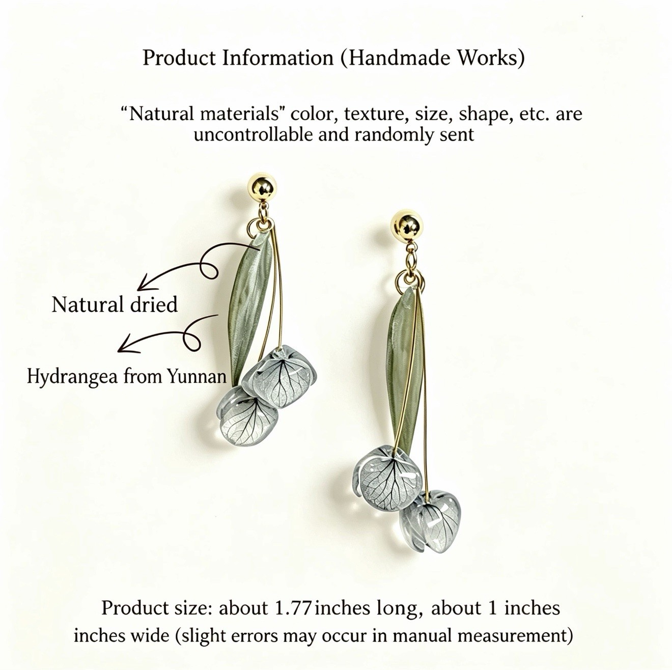 Handmade Resin Yunnan Dried Hydrangea Earrings 18K Gold Plated Copper Alloy
