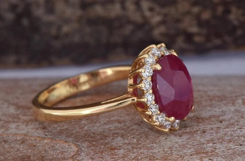 5.50 Ct Oval Cut Natural Ruby & Diamond Wedding Ring 14k Yellow Gold Size 6,7,8