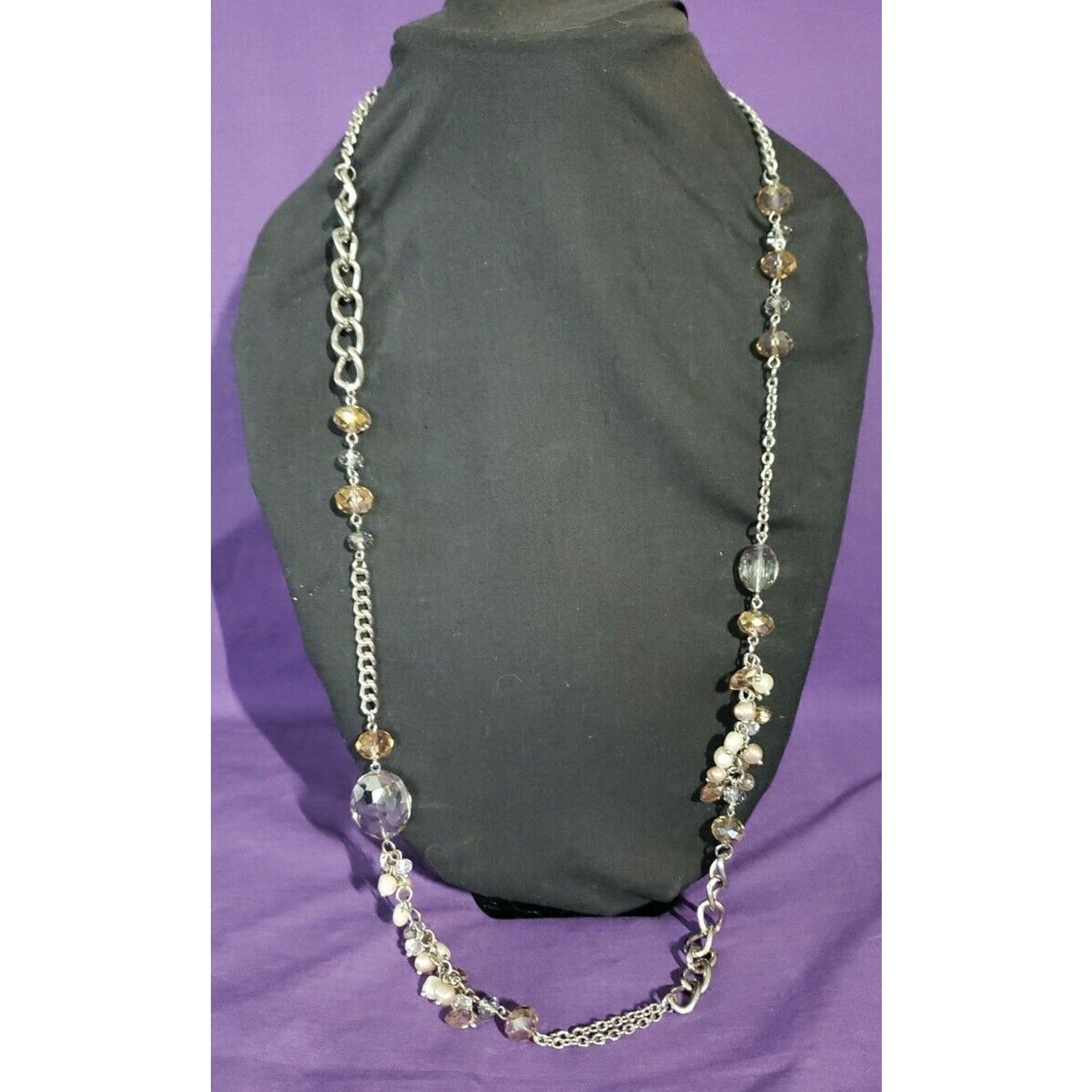 Long Silver Tone Glass Crystal Asymmetrical Necklace, Faux Pearl & Bead Baubles