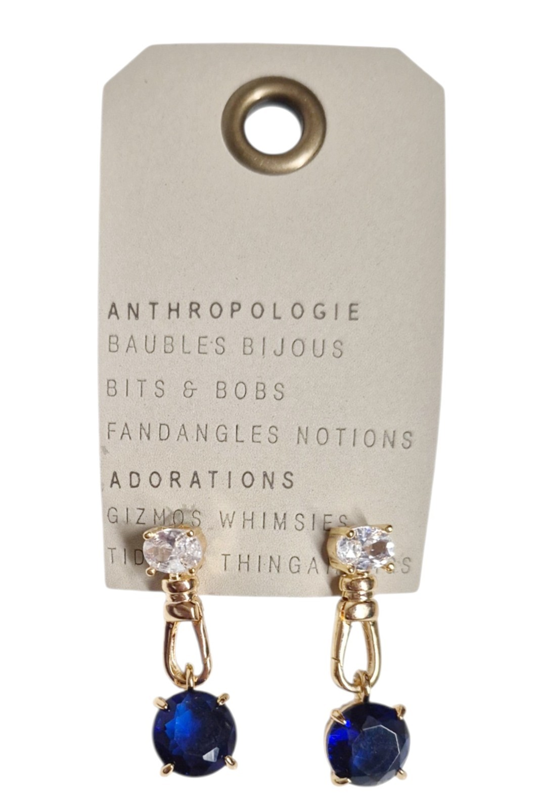 Anthropologie Crystal Clasp Drop Earrings Sapphire Blue 14k Gold Plate Brass NWT
