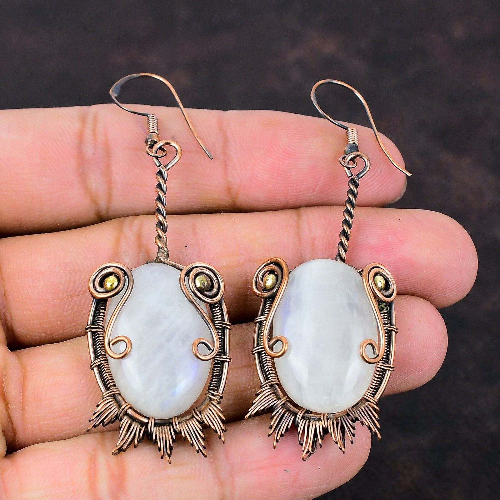 Rainbow Moonstone Copper Gift For Briedsmaid Wire Wrapped Earrings 2.87″