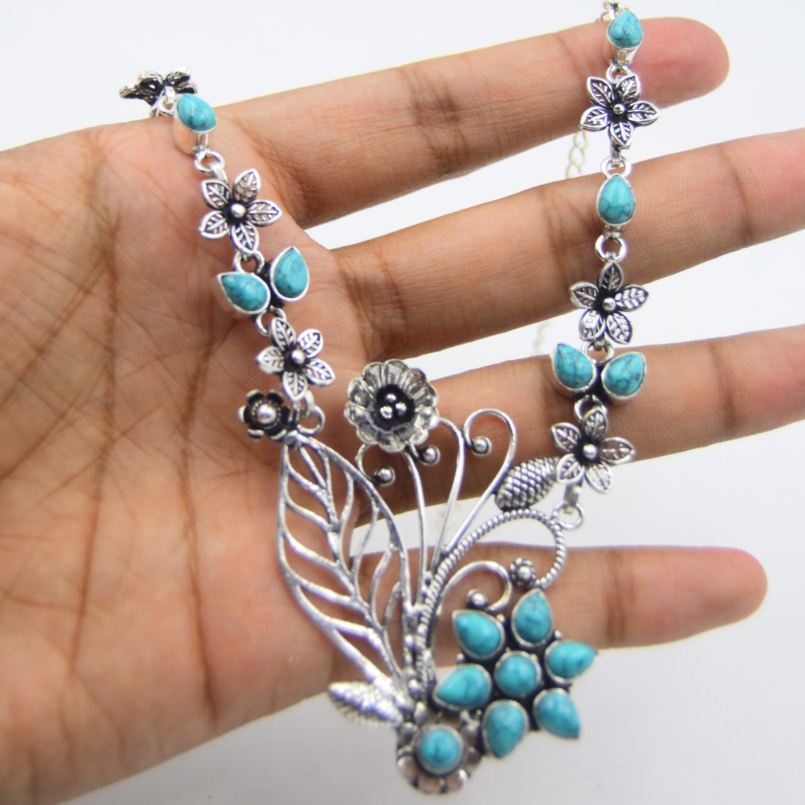 Blue Turquoise Gemstone Handmade 925 Sterling Silver Jewelry Necklace Sz-17-18″