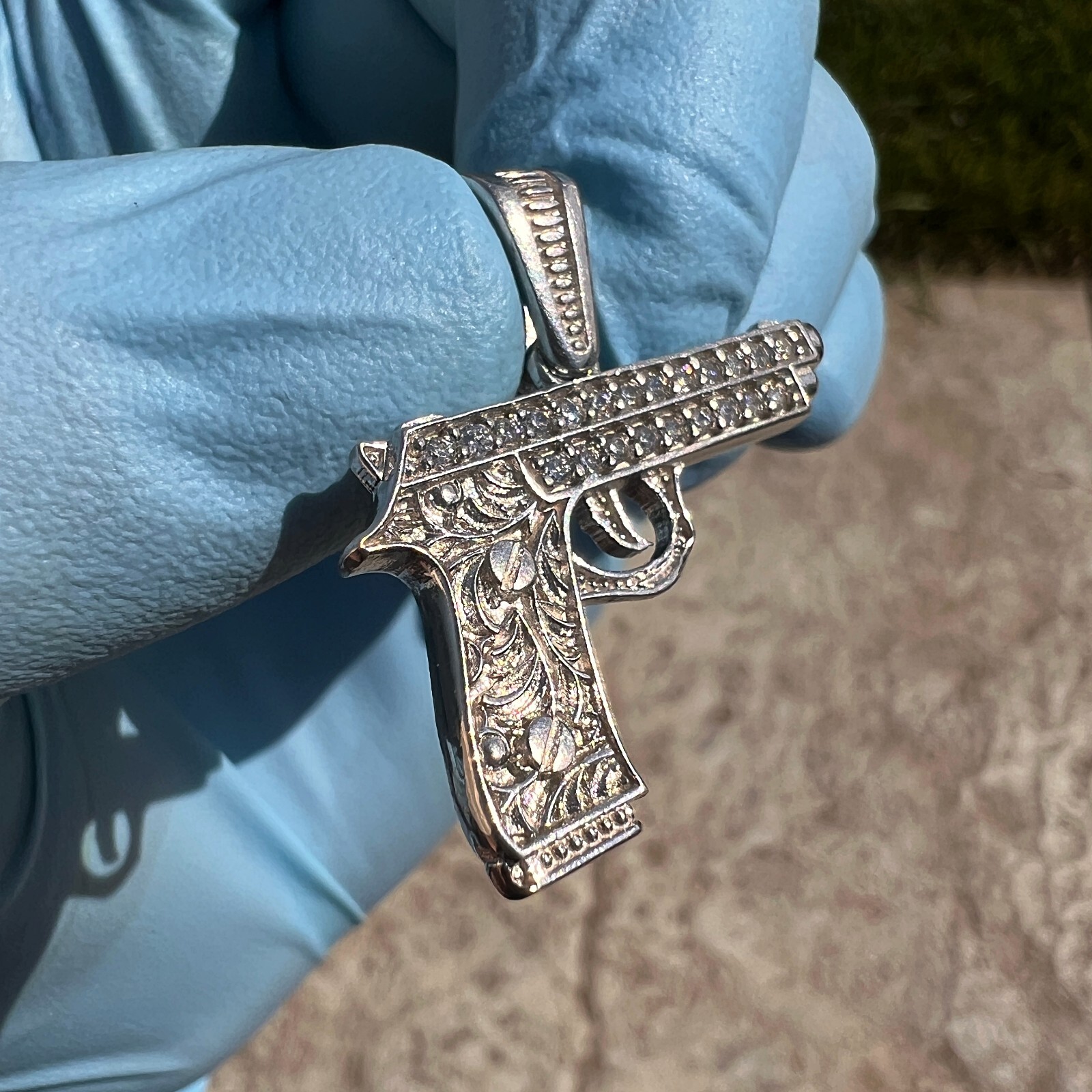 Real Solid 925 Sterling Silver Gun Pistol Scrollwork Engraving Iced CZ Pendant