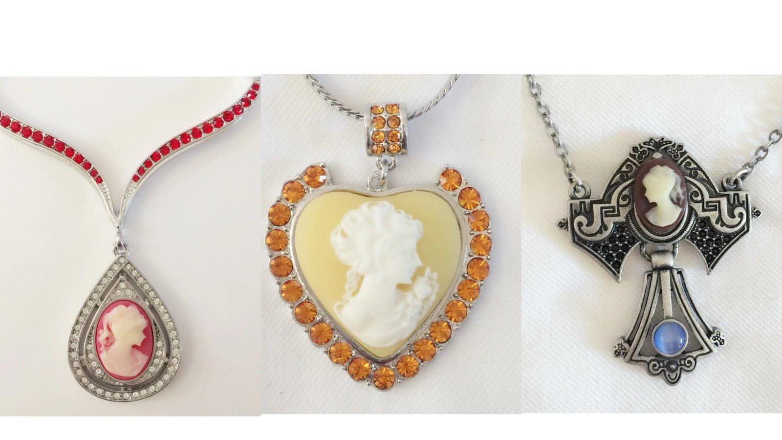 （Set of 3) Red Lady Cameo Vintage Style Pear Drop Dangle Pendant Chain Necklace