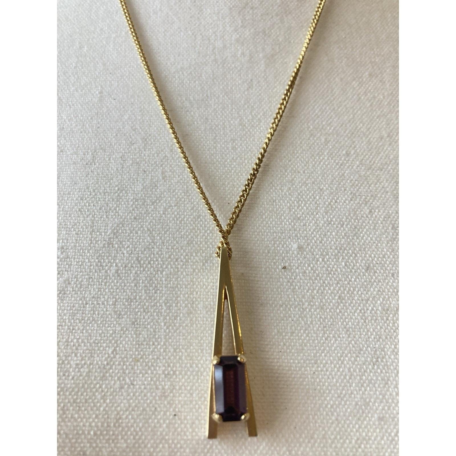 Vintage Avon Modernist Gold Tone Pendant Necklace Faux Amethyst 1970’s