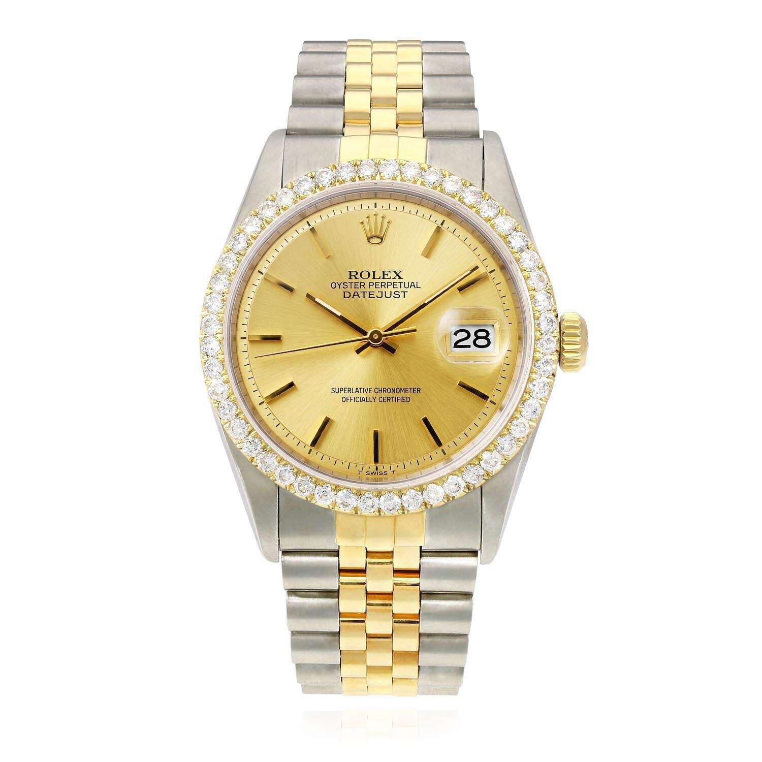 36mm Rolex Datejust 1601 Jubilee Gold Dial 3.00Ct Diamond Bezel Watch