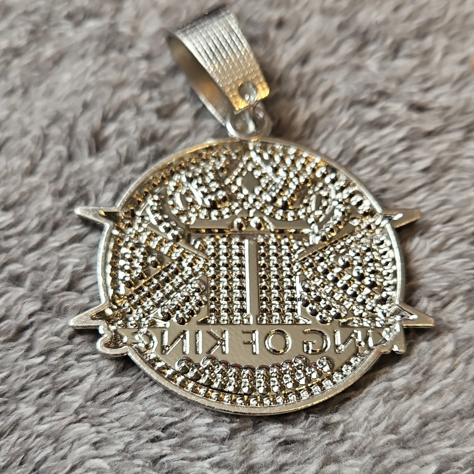 Cz Sterling Silver Round Religious “King of Kings” Charm Pendant W/ Chain