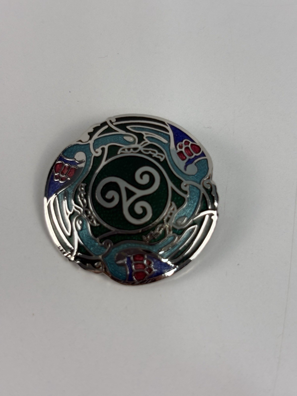 Sea Gems Enamel Celtic Birds & Triskele Round Brooch Silver Tone Made In England